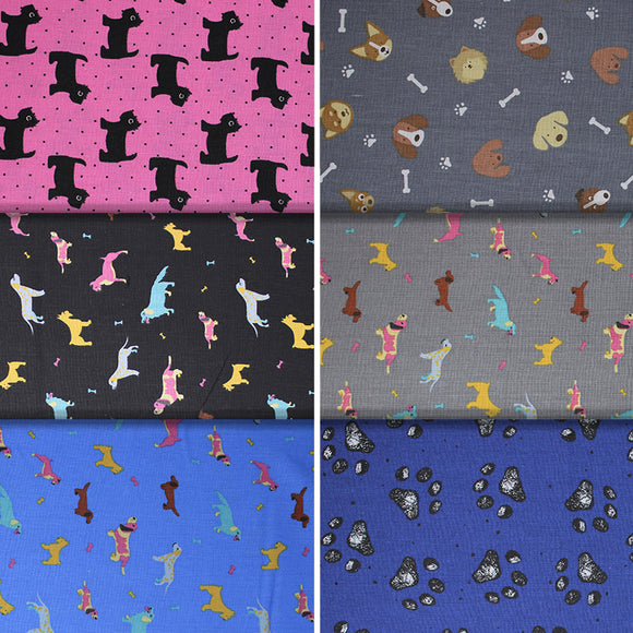 Group swatch assorted dog printed fabrics in various styles/colours