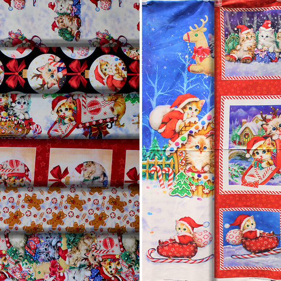 Group swatch Kitten Christmas themed fabrics in various styles/colours