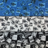 Group swatch of car service poster signs printed fabric in various colours