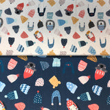 Group swatch cartoon touques and animal heads printed fabric in various colours