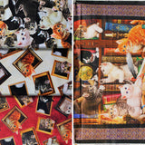 Group swatch assorted Literary Kitties themed fabrics in various styles/colours