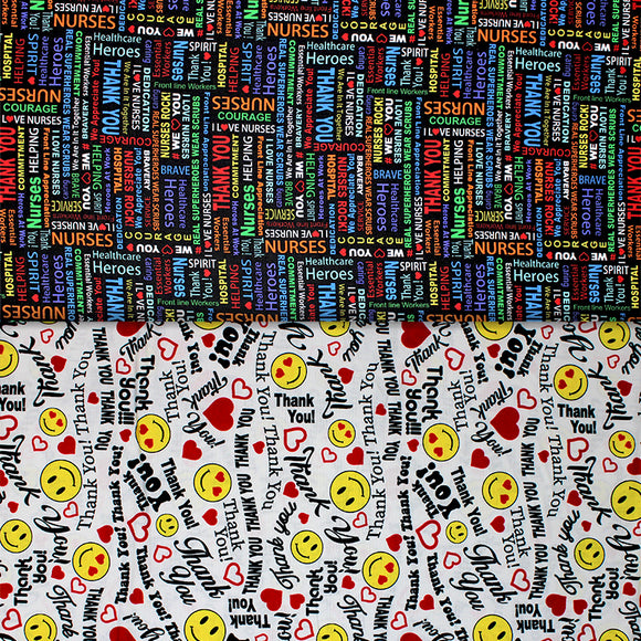 Group swatch assorted We Appreciate You themed fabrics in various styles/colours