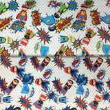 Group swatch of cartoon superhero kids print pattern in various colours