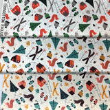 Group swatch cartoon ski cabin printed fabric in various colours