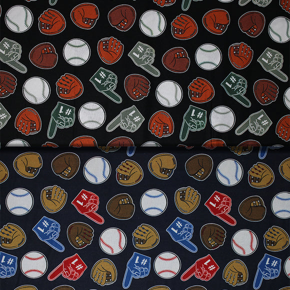 Group swatch of baseball print fabric on black and grey backgrounds
