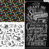 Group swatch assorted Sewing is My Happy Place themed fabrics in various styles/colours