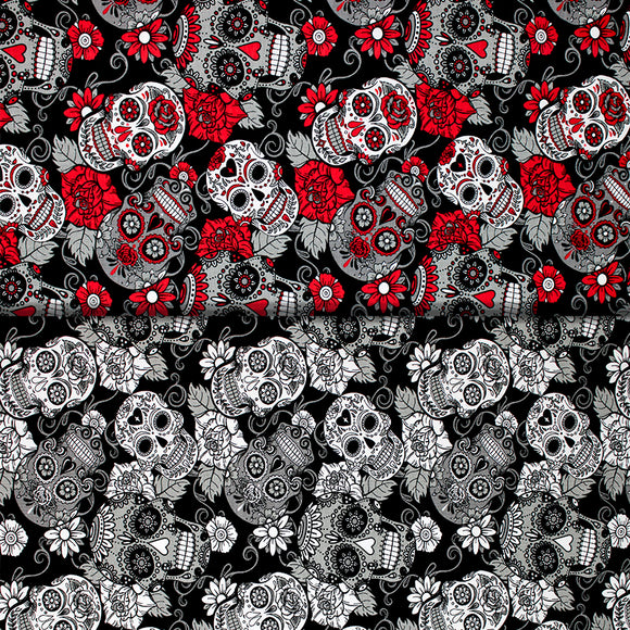 Group swatch assorted Sugar Skulls themed fabrics in various colours
