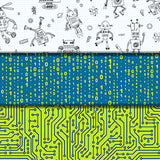Group swatch assorted Rollicking Robots themed fabrics in various styles/colours