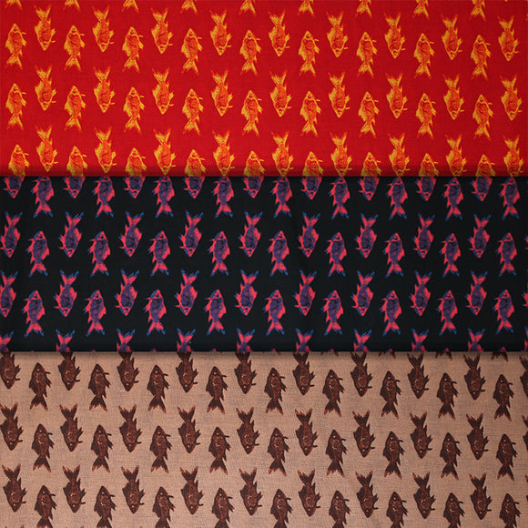 Group swatch fish print fabric in various colours