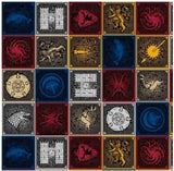 Square swatch Game of Thrones themed fabric (House Sigils quilt squares pattern fabric white/yellow/red/blue colourway)