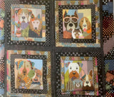 Full panel swatch - Dog Pillow Panel (36" x 44") (abstract geometric patchwork allover with 4 squares with dog faces/heads within)