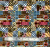 Collaged Geometric Style Patchwork fabric with various prints/design patches allover in neutral colours and yellow, blues, greens, orange, pink/red)