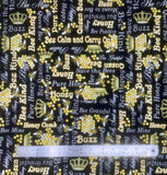 Words Black fabric swatch (black fabric with tossed white and yellow bee related text allover "honey" "bee kind" etc. with tossed yellow bees, honeycomb and crowns)