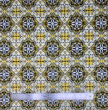 Kaleidoscope fabric swatch (geometric/kaleidoscope style design with alternating white and black shapes with mirrored bee and swirly leaf images in white, black and yellow colours)