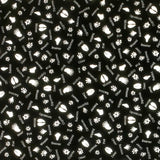 Square swatch Into the Woods fabric (black fabric with small tossed white animal footprints/tracks allover in various styles with small white text labels)