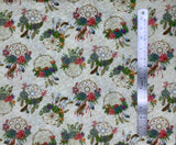 Flat swatch Tossed Dream Catchers fabric (white/beige marbled look fabric with tossed floral, greenery/succulent and feather dreamcatchers allover)
