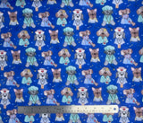 Flat swatch Puppy Dr. fabric (medium blue fabric with cartoon/illustrative style dogs in medical scrubs and accessories)