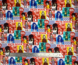 Flat swatch Patch Collage fabric (collaged square and rectangular patches allover with "pets rock" text and decorative stars, badges of dressed pets as celebrities/notable figures)