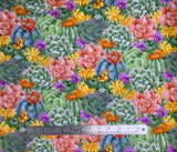 Flat swatch Succulent Collage fabric (collaged cacti and succulents allover in green, purple and pink shades with yellow and purple floral accents and tossed gold butterflies)