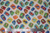 Flat swatch comfy print flannel in kid's tool box (multi-coloured cartoon patches with tools and vehicles on white)