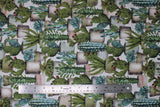 Flat swatch Cactus Garden fabric (tightly collaged cacti plants in pots/vases)