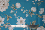 Flat swatch Blue Large Floral fabric (medium light blue fabric with large tossed white/cream/tan colour scheme floral heads and stems with leaves)