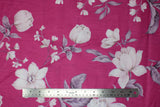 Flat swatch Pink Large Floral fabric (hot pink fabric with large tossed white/cream/mauve colour scheme floral heads and stems with leaves)