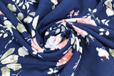 Swirled swatch Blue & Pink fabric (dark navy fabric with large tossed pink peony look floral and greenery design)
