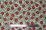 Flat swatch Red fabric (white fabric with solid green leaves and stems allover and red poppy look floral heads tossed)