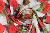 Swirled swatch Christmas fabric (white and red rose heads, green leaves, red holly berries, brown pinecones and green tree sprigs all collaged together allover)