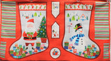 Full panel swatch - Santa Express Stocking Panel - (45" x 24") (rectangular panel with cut outs to make 1 decorative christmas stocking: santa and presents with trees scene on one side, snowman and presents with trees scene on reverse, colourful stripey material for the lining/top border)