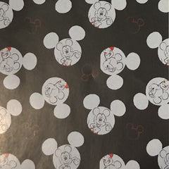 Square swatch Mickey Mouse print fabric (black fabric with solid white mickey head cut outs with full character within, and red mickey head outlines only tossed allover)