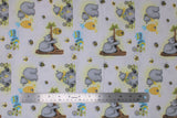 Flat swatch honey bear fabric (white fabric with tossed grey cartoon bears in various poses, bees and honey pots, and tree branches)