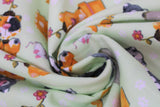 Swirled swatch flower pot kitty fabric (pale lime green fabric with white polka dots and tossed orange, grey, black etc. cartoon kitties some in flower pots with a flower on head, fish bones, etc.)