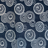 Square swatch blue upholstery fabric with white/light blue assorted dots and swirls