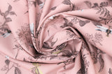 Swirled swatch 100% Organic Cotton fabric (light pink/rose fabric with grey/brown floral and leaves print with white and yellow dragonflies)
