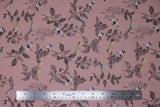 Flat swatch 100% Organic Cotton fabric (light pink/rose fabric with grey/brown floral and leaves print with white and yellow dragonflies)