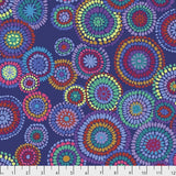 Swatch of multi-coloured mosaic circles printed fabric in blue