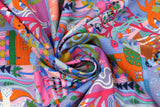 Swirled swatch Purrfect Day fabric (busy multi coloured fabric collage with doodle style town and cats, birds, etc. allover)