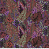 Square swatch Coleus fabric in shade dark (collaged leaves in various styles with purple, burgundy and green shades)