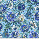 Square swatch Blue fabric (light blue fabric with busy tossed floral heads and stems and greenery allover in blue, faded green and white shades with yellow accents)