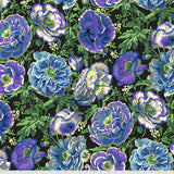 Square swatch Contrast fabric (black fabric with busy tossed floral heads and stems and greenery allover in blue, faded green and white shades with yellow accents)