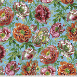 Square swatch Natural fabric (light blue fabric with busy tossed floral heads and stems and greenery allover in burgundy, burnt orange, faded green and white shades with yellow accents)