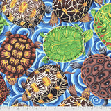 Flat swatch Shelley fabric (blue swirl water look fabric with large tossed turtles in green and brown shades)