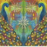 Panel Swatch - Pizzazz Panel (43" x 44") (mirrored graphic faded/painted look rainbow colourway, blue peacock looking down with tail feathers wrapped around showing pattern and colour with floral mandalas behind in rainbow colours)
