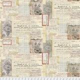 Swatch of vintage collage printed fabric in chrysanthemum