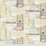 Swatch of vintage collage printed fabric in typewriter