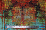Flat swatch rusted patina fabric (yellow/orange marbled look fabric with black grid like shape outlines and blue/green marbled fabric with faint black music staff lines and notes)