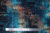 Flat swatch fractured mosaic fabric (light to dark blue marbled look fabric with black mosaic look pieces and outlines scattered allover and white/rust coloured sections)
