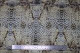 Flat swatch stained damask fabric (neutral and grey weathered look fabric with grey and white damask pattern allover and faint newspaper style writing)